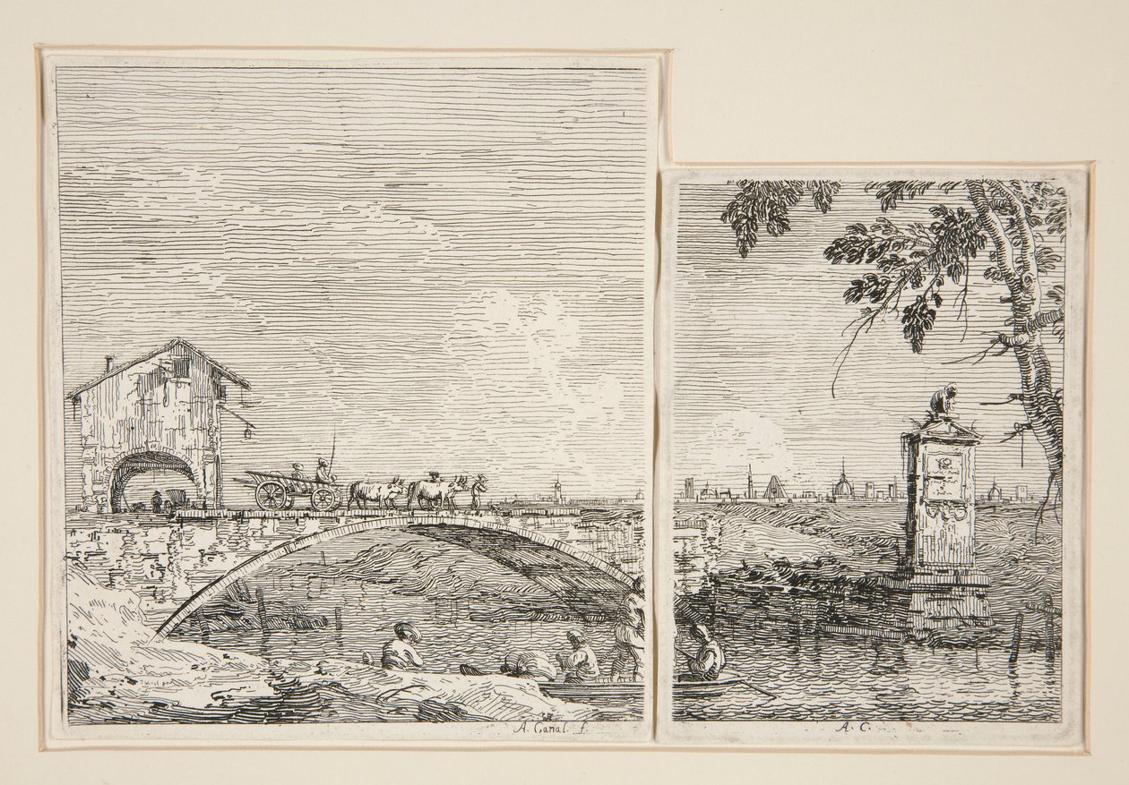 De wagen die over een brug gaat, Het kleine monument (onder een boom), uit de serie Vedute (Gezichten) door Canaletto (Giovanni Antonio Canal)