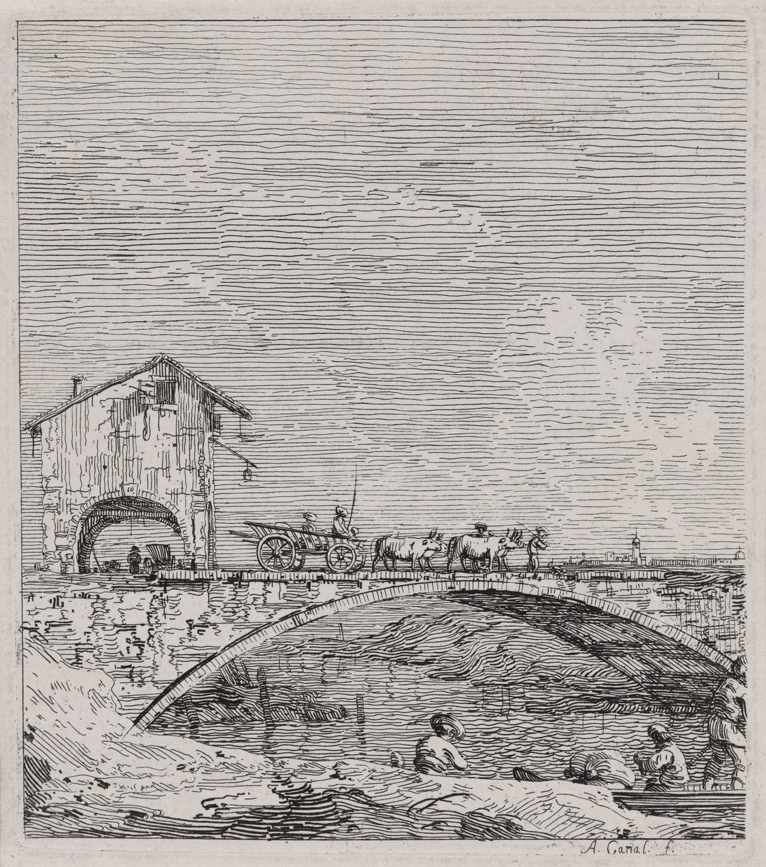 De wagen die over een brug gaat, uit de serie Vedute (Gezichten) door Canaletto (Giovanni Antonio Canal)
