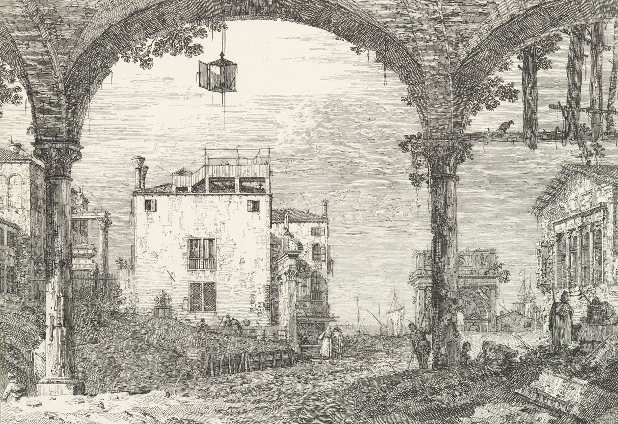 Een drieboog portiek met een open lantaarn in het midden, een triomfboog en ruïnes door Canaletto