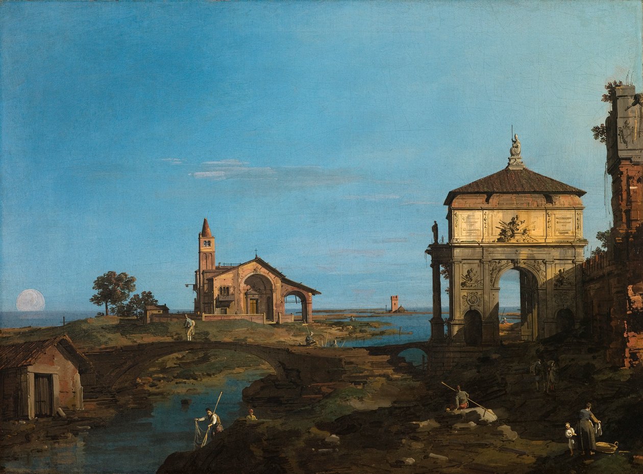 Een eiland in de lagune met een poort en een kerk door Canaletto