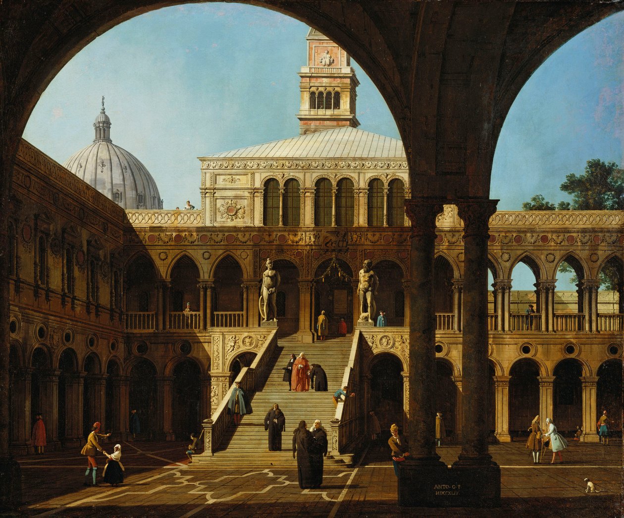Canaletto - Capriccio Gezicht op de binnenplaats van het Palazzo Ducale met de Scala dei Giganti Gesigneerd en gedateerd 1744 door Canaletto