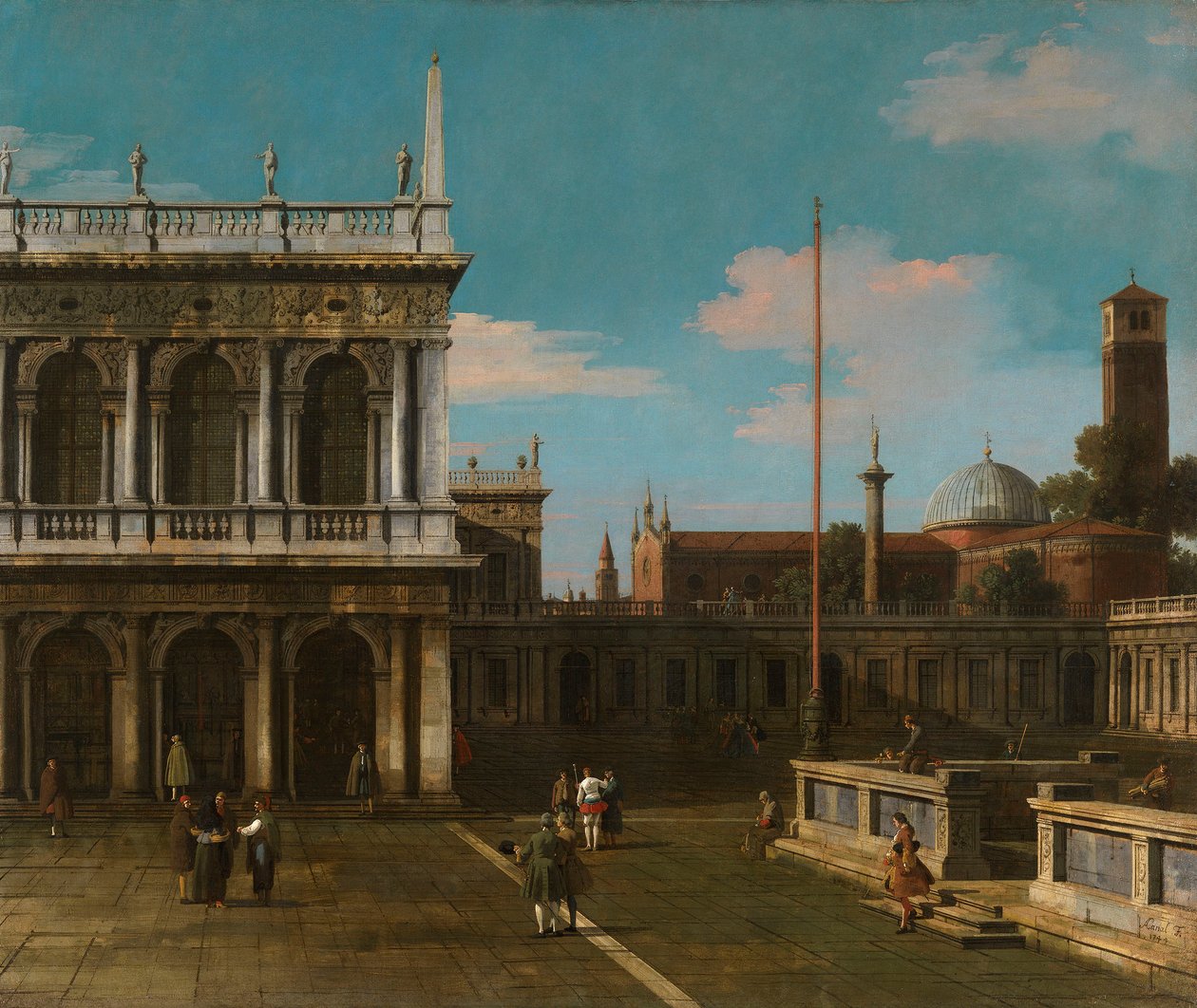 Canaletto - Capriccio Gezicht op de Piazzetta met de Libreria Gesigneerd en gedateerd 1744 door Canaletto