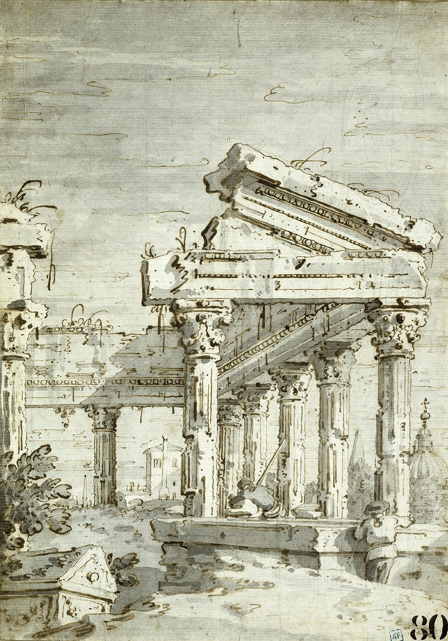Capriccio: Een verwoeste klassieke tempel door Canaletto