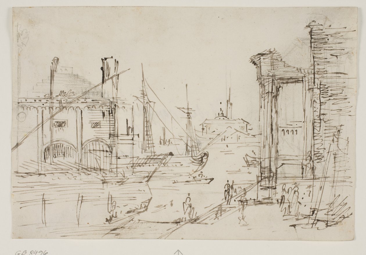 Capriccio met klassieke ruïnes aan een kade, een boothuis, twee galeien, twee masten van een zeilschip erachter, een koepelkerk op de achtergrond door Canaletto