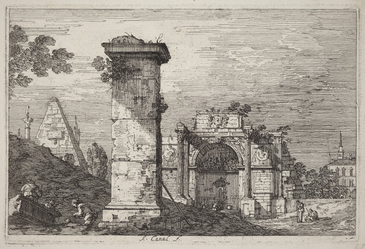 Landschap met vervallen monumenten door Canaletto