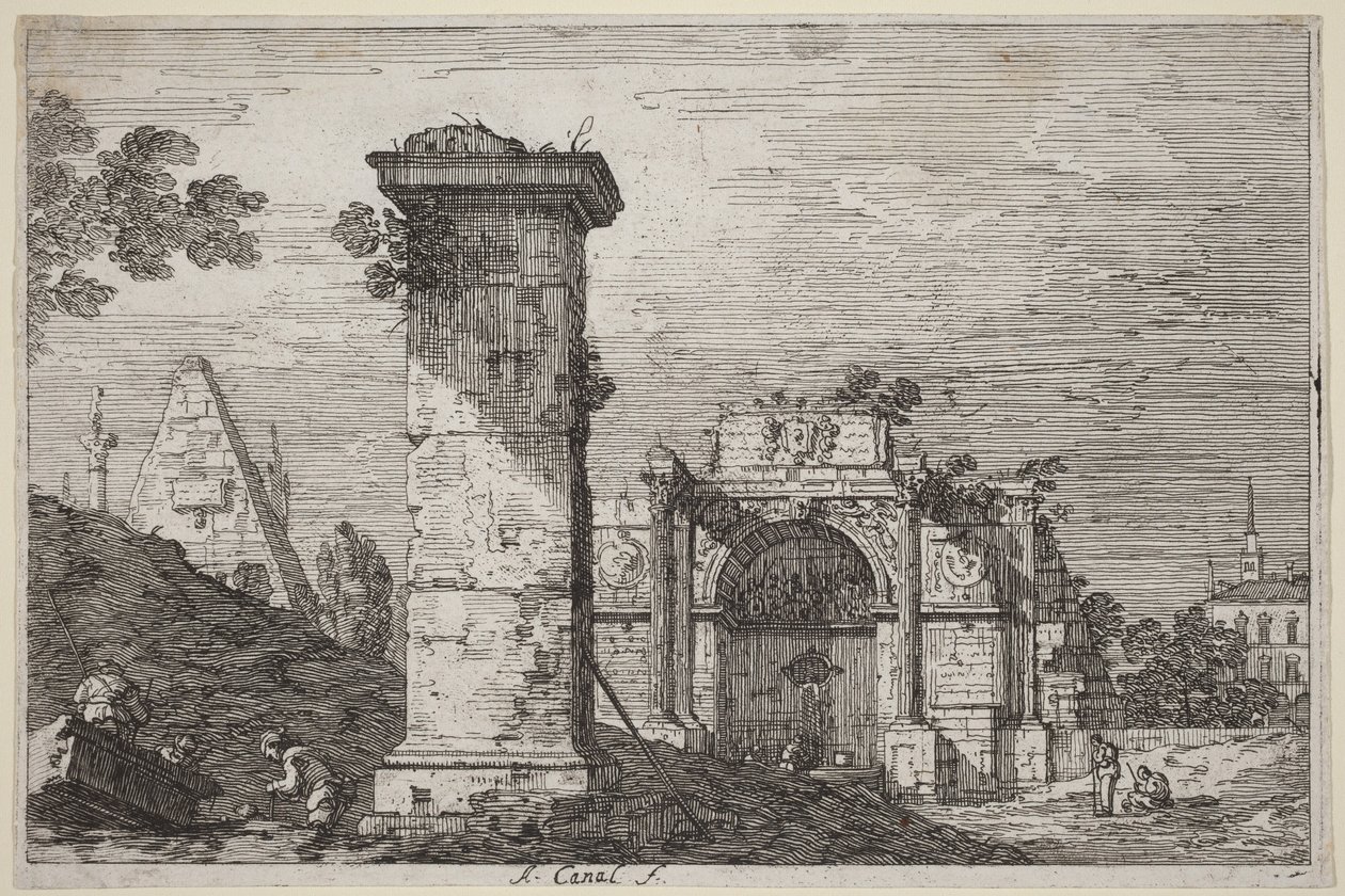 Landschap met ruïnes van monumenten door Canaletto