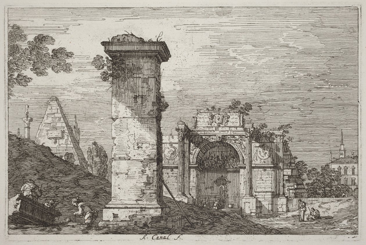 Landschap met ruïnemonumenten [rechts] door Canaletto
