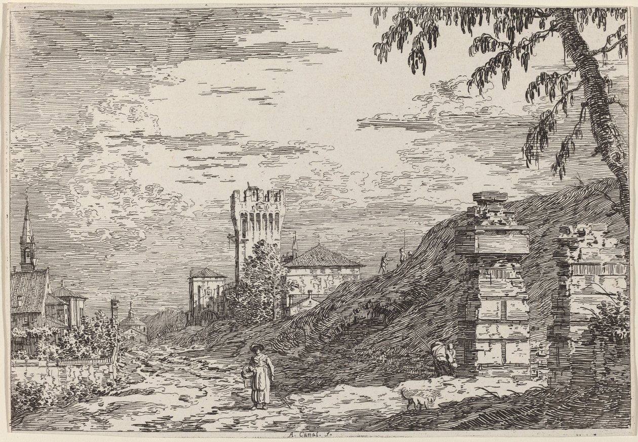 Landschap met toren en twee verwoeste pilaren door Canaletto