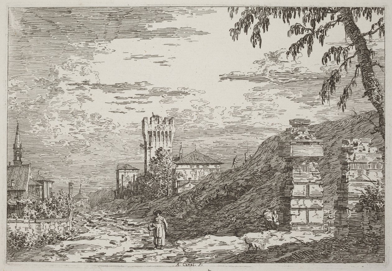 Landschap met toren en twee vervallen zuilen [links] door Canaletto