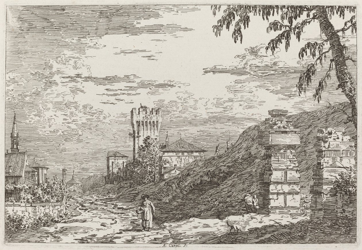 Landschap met Toren en Twee Verwoeste Zuilen [links], ca. 1735-1746 door Canaletto