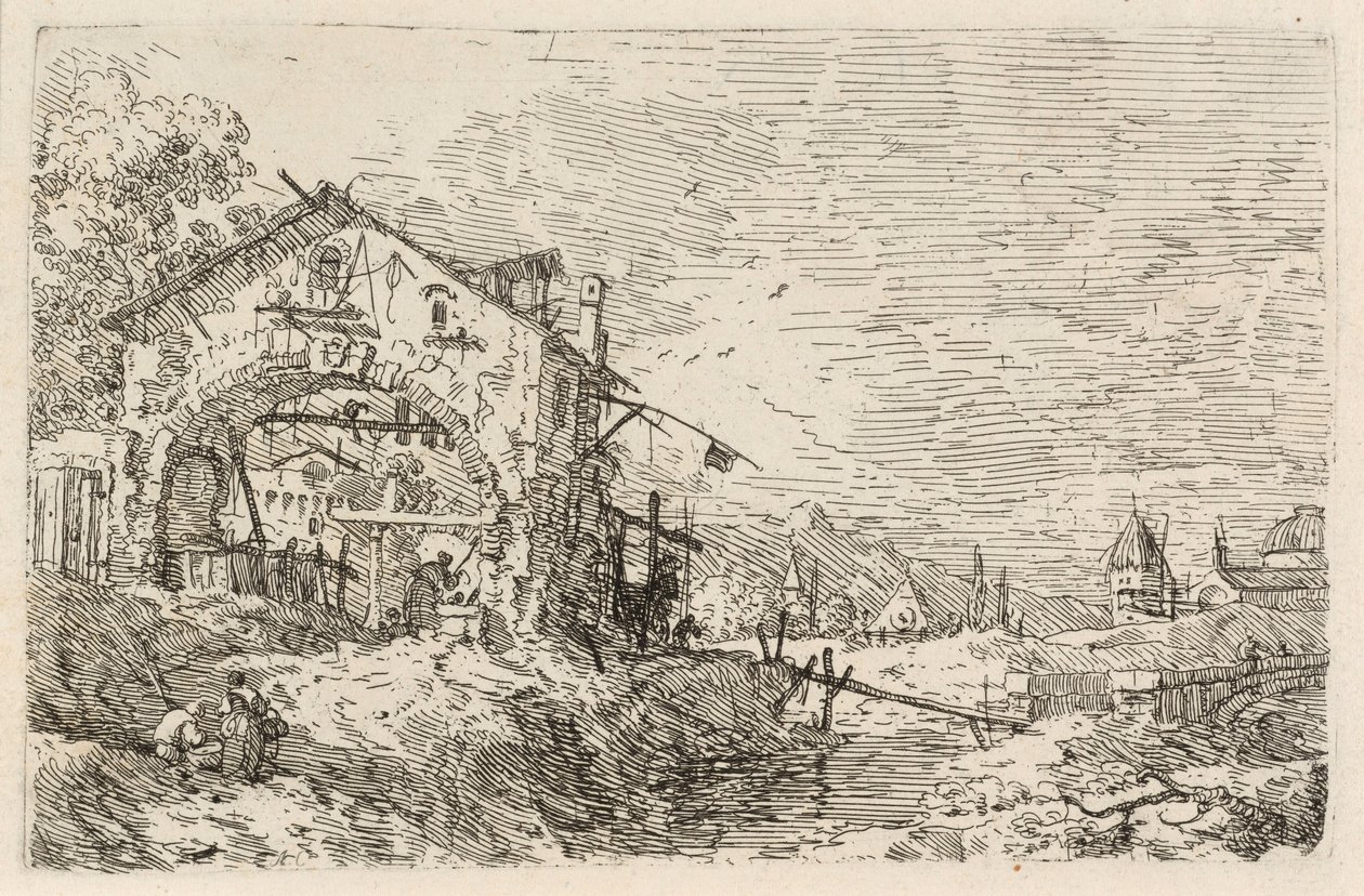 Landschap met een vrouw bij een put door Canaletto