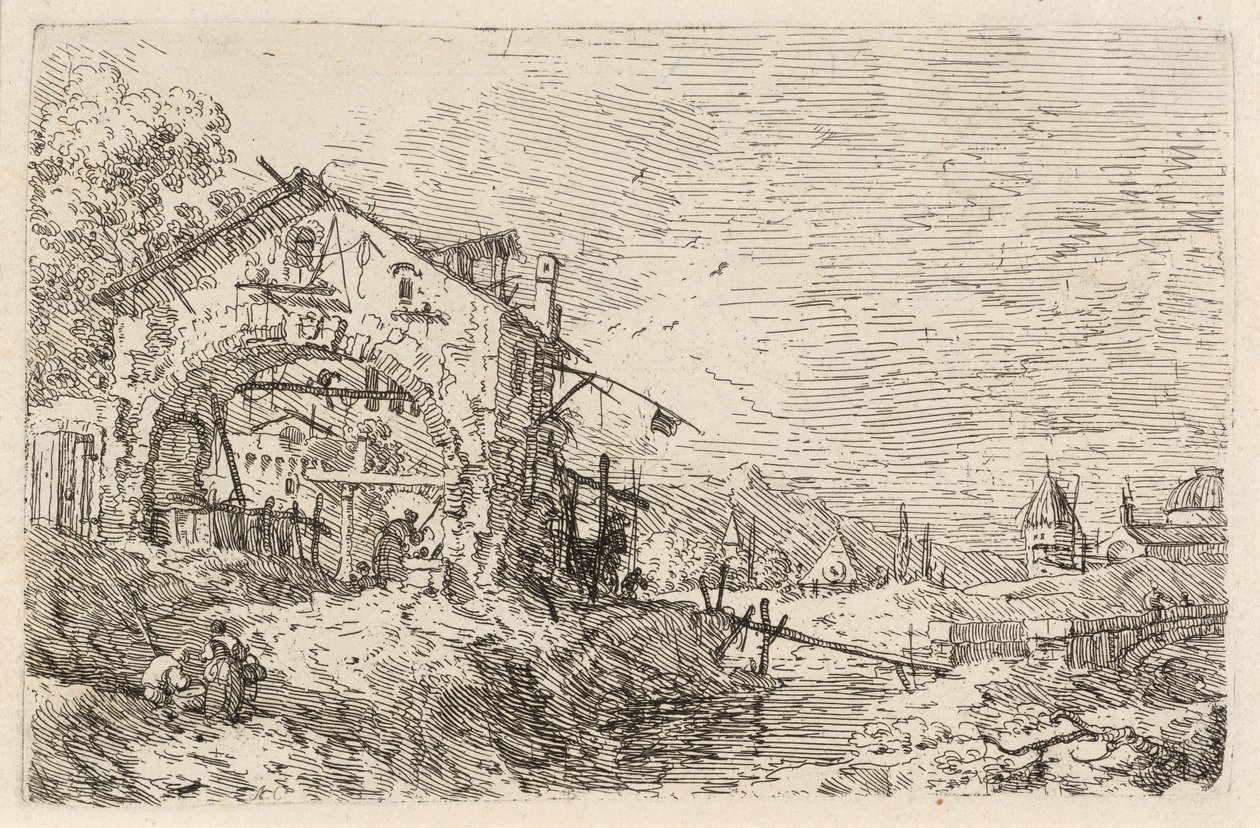 Landschap met een vrouw bij een put door Canaletto