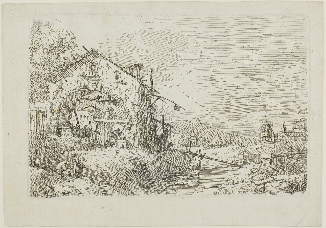 Landschap met een vrouw bij een put, uit Vedute door Canaletto
