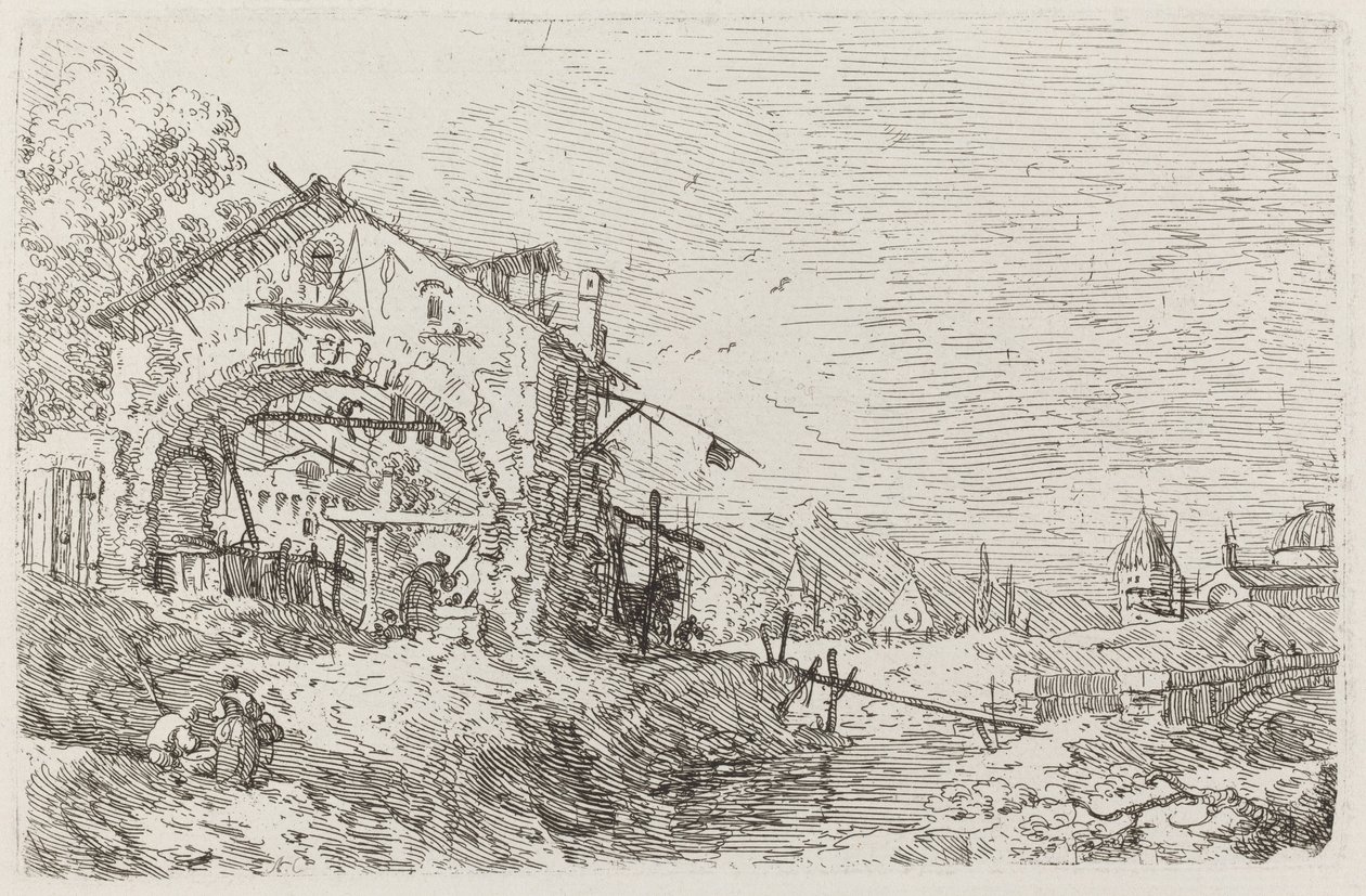 Landschap met een vrouw bij een put, ca. 1735-1746 door Canaletto