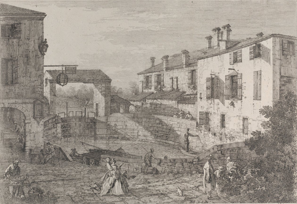 Le porte del Dolo: het ovale bassin van de sluizen bij Dolo, met een schuit aangemeerd aan de kade..., 1735-46 door Canaletto