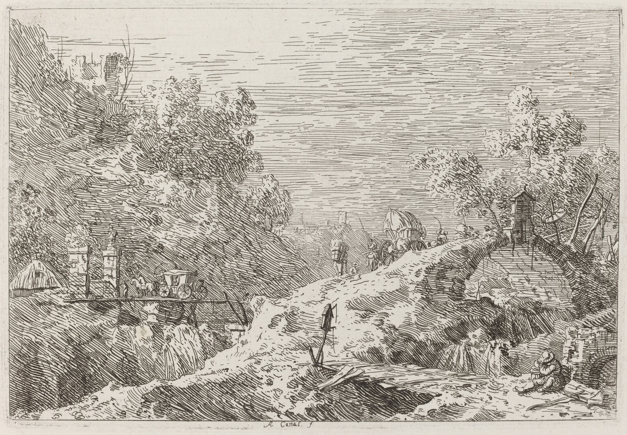 Berglandschap met Vijf Bruggen, ca. 1735-1746 door Canaletto
