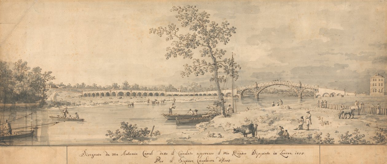 Oude Waltonbrug gezien vanaf de kust van Middlesex door Canaletto