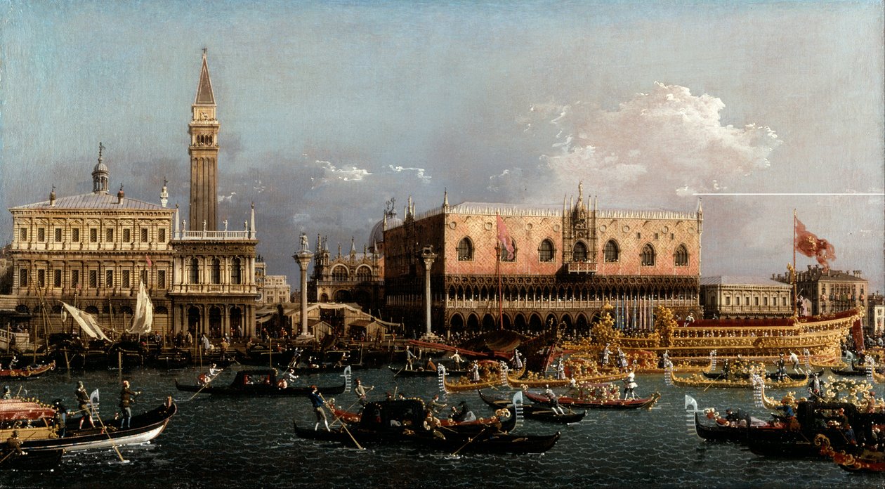 De Bucintoro bij de Molo op Hemelvaartsdag door Canaletto