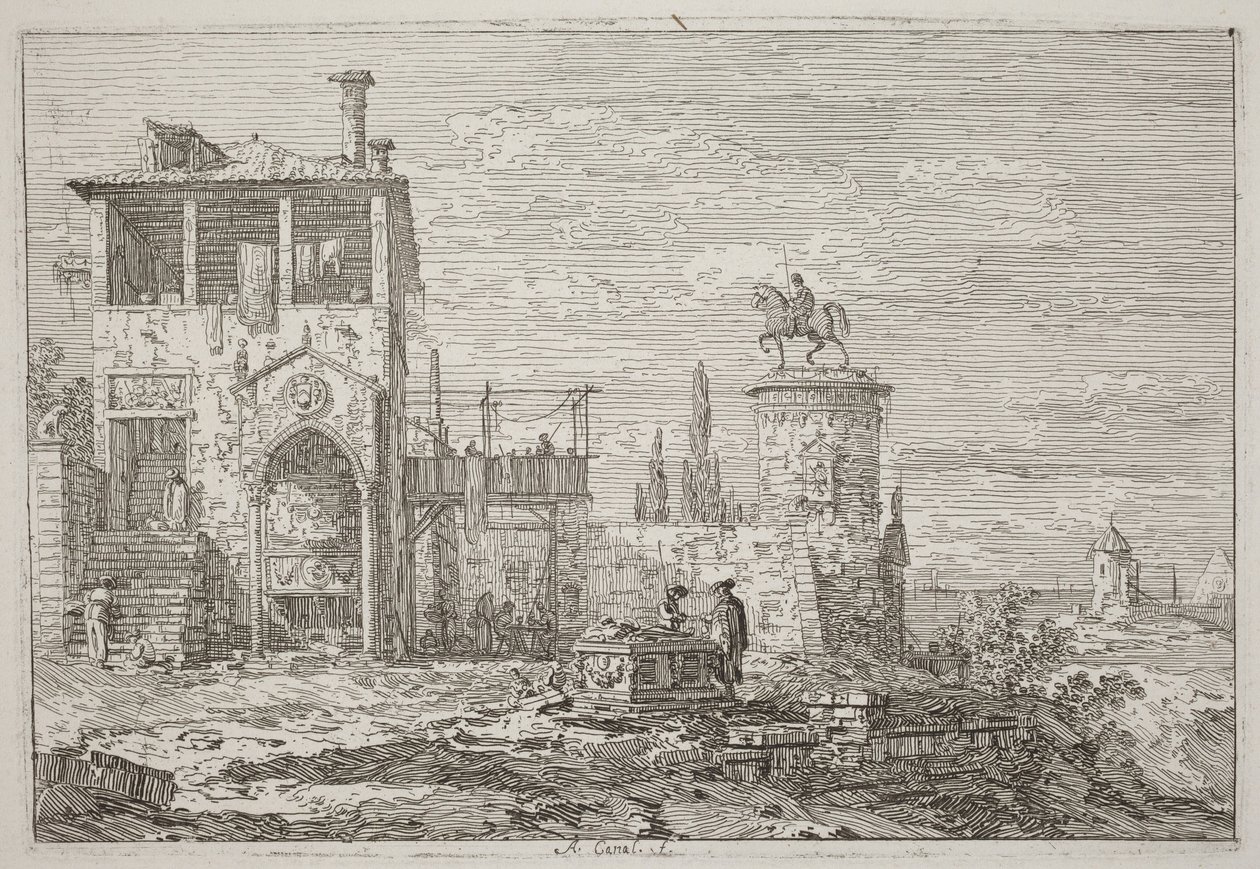 Het ruiterstandbeeld [rechtsboven] door Canaletto