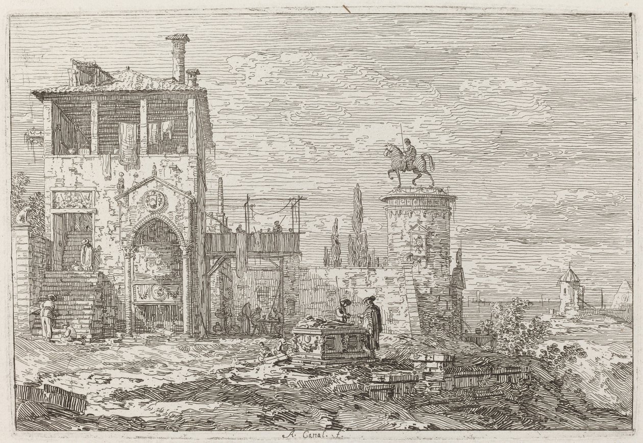 Het Ruitermonument [rechtsboven], ca. 1735-1746 door Canaletto