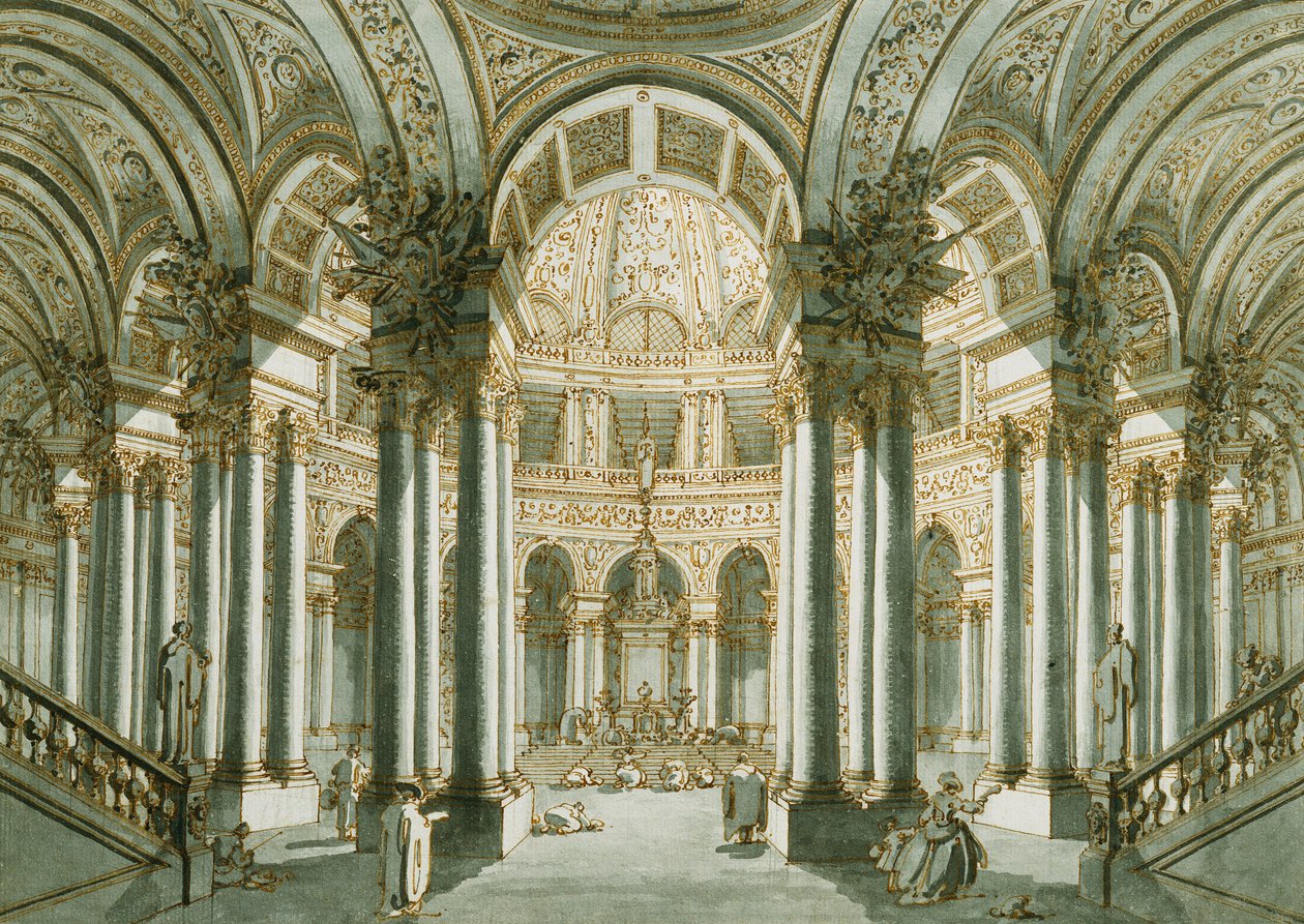 Het interieur van een kerk, met figuren in gebed door Giovanni Antonio Canal