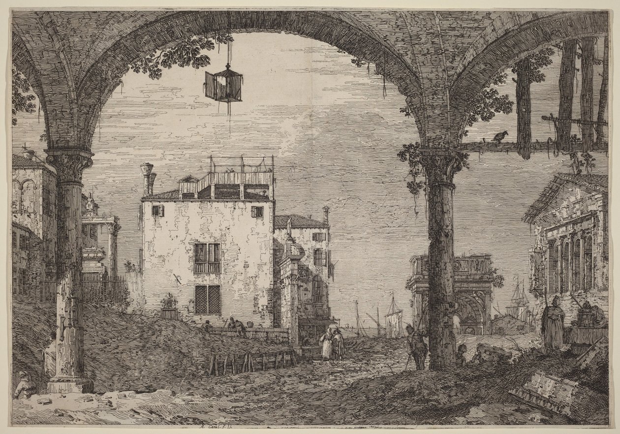 De portiek met de lantaarn door Canaletto