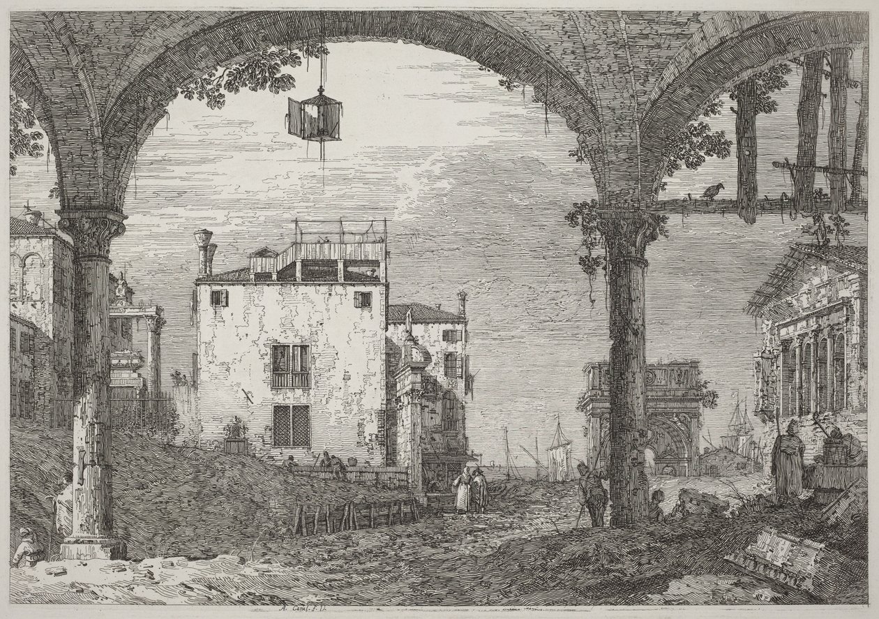 De portiek met de lantaarn door Canaletto