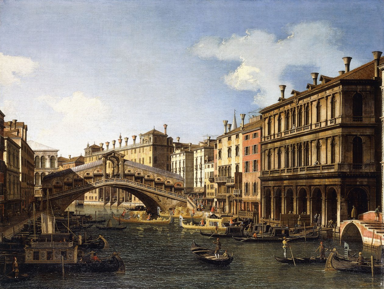 De Rialtobrug, Venetië, vanuit het zuiden met de inscheping van de Prins van Saksen tijdens zijn bezoek in 1740 door Giovanni Antonio Canal