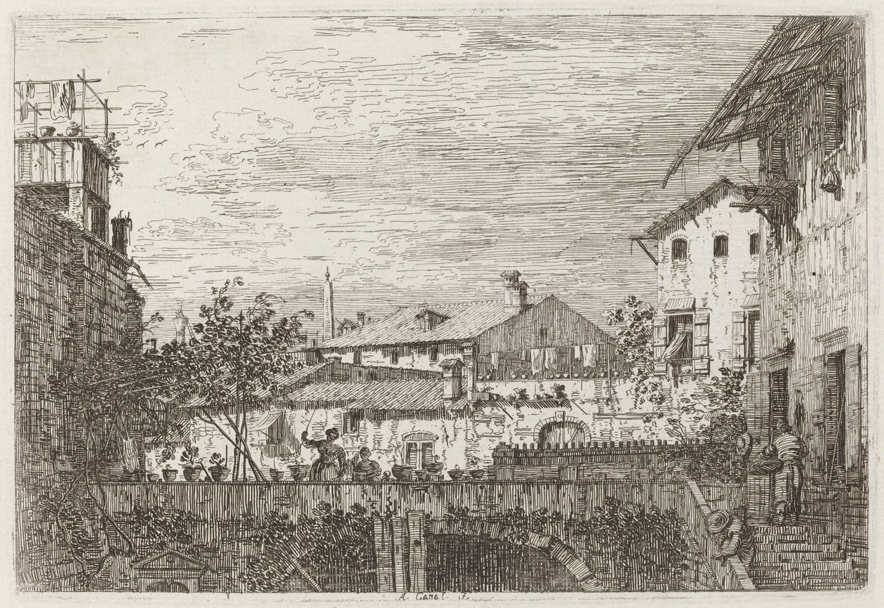 Het terras [rechtsonder] door Canaletto