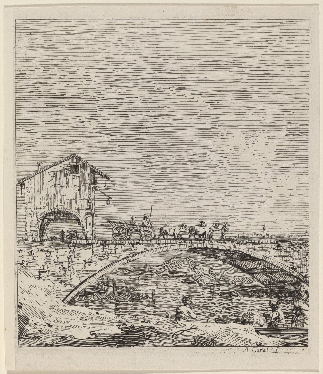 De wagen die over een brug rijdt door Canaletto