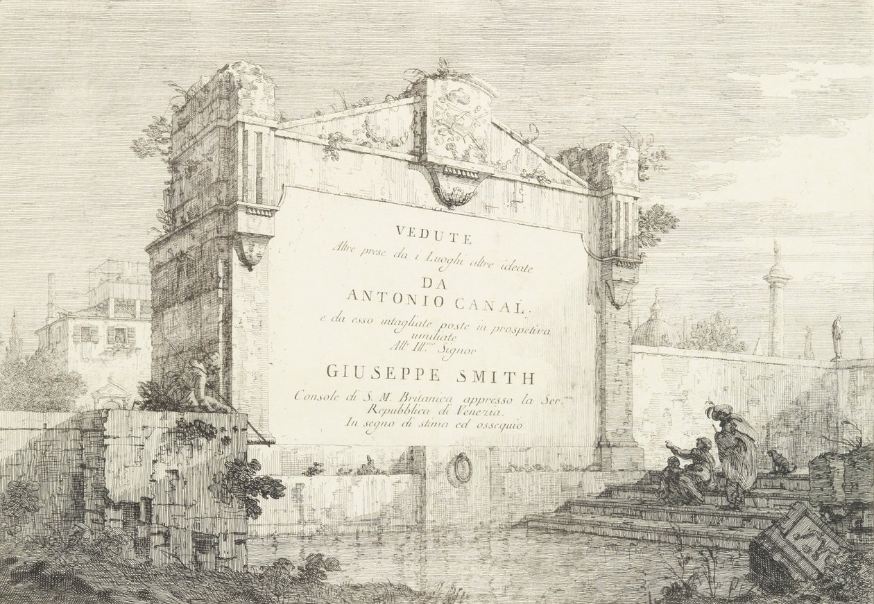 Titelpagina met een grote muur van een klassieke ruïne, met een figuur zittend aan de rechterkant door Canaletto