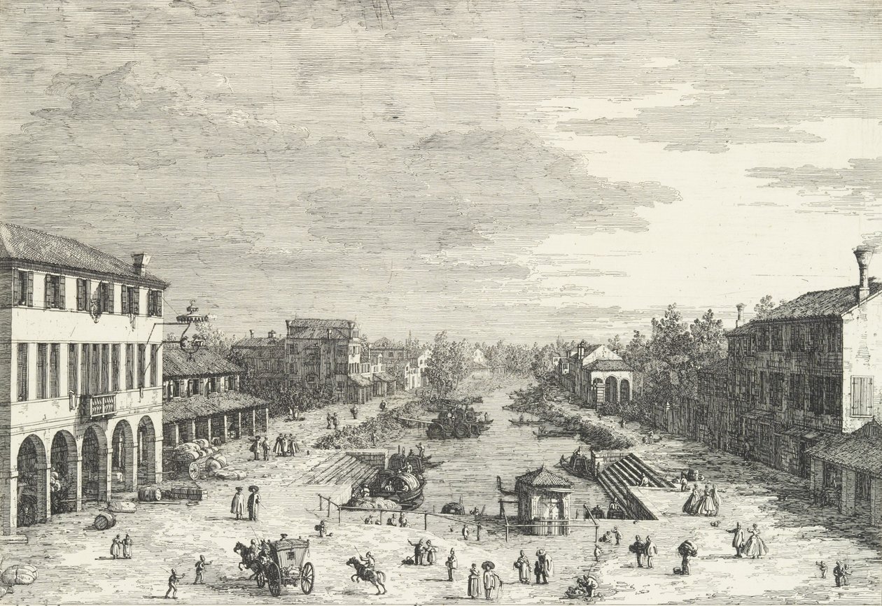 Uitzicht op Mestre, een herberg links en andere verschillende gebouwen langs het kanaal door Canaletto