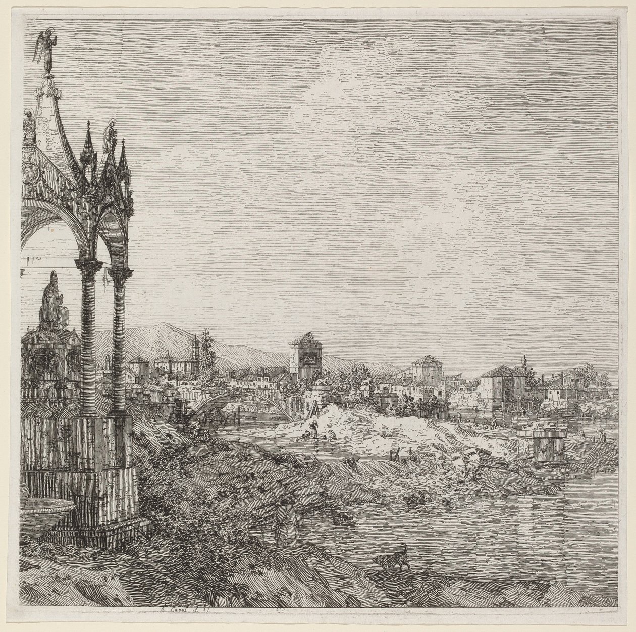 Uitzicht op een stad met een bisschopsgraf door Canaletto