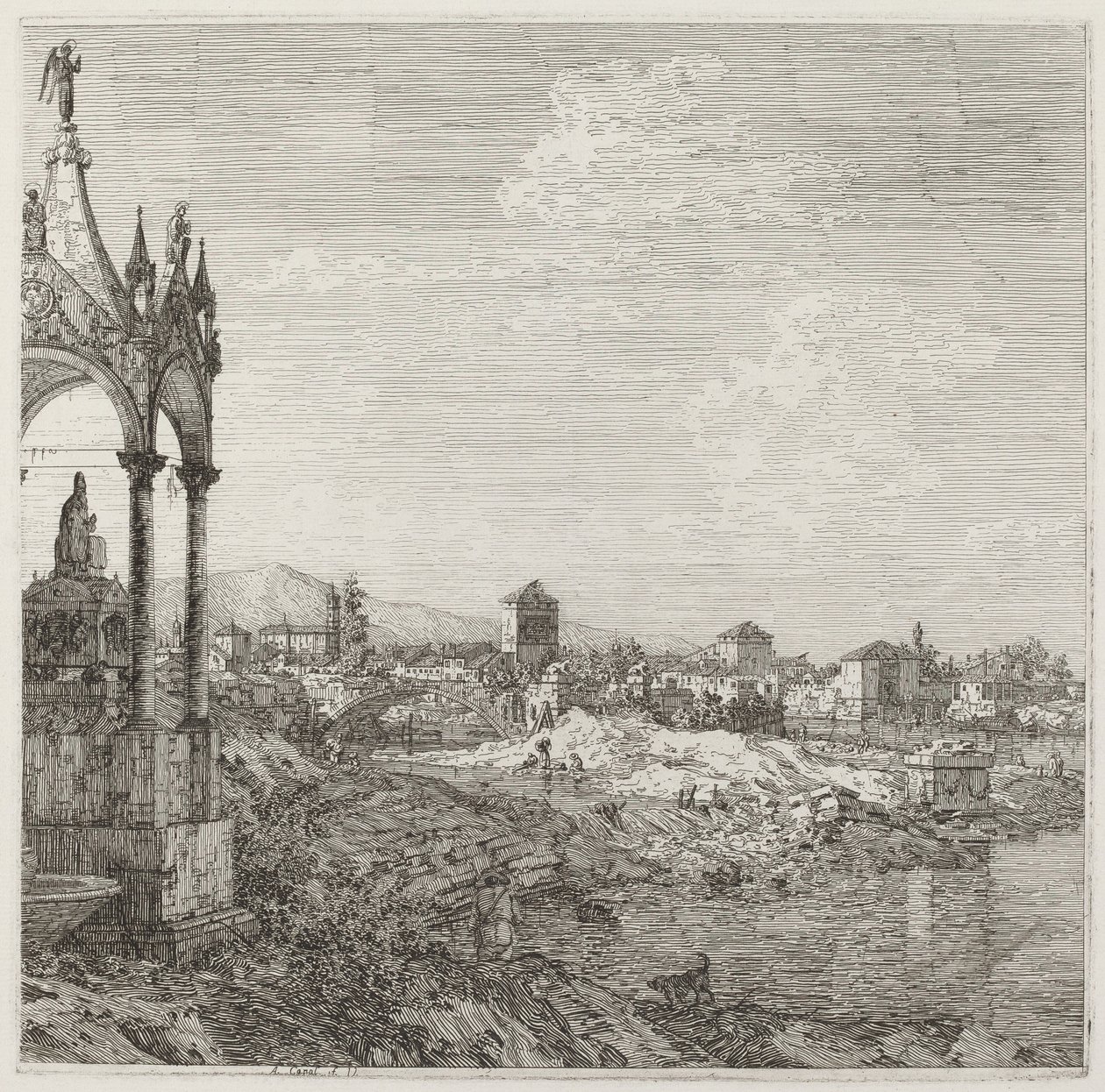 Zicht op een Stad met een Bisschopsgraf, c. 1735-1746 door Canaletto
