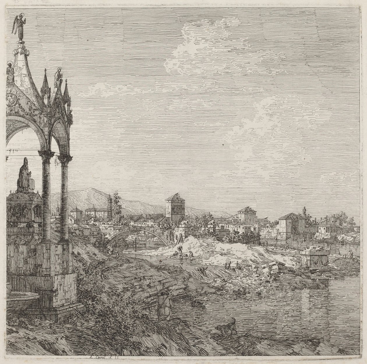 Zicht op een stad met een bisschopsgraf door Canaletto