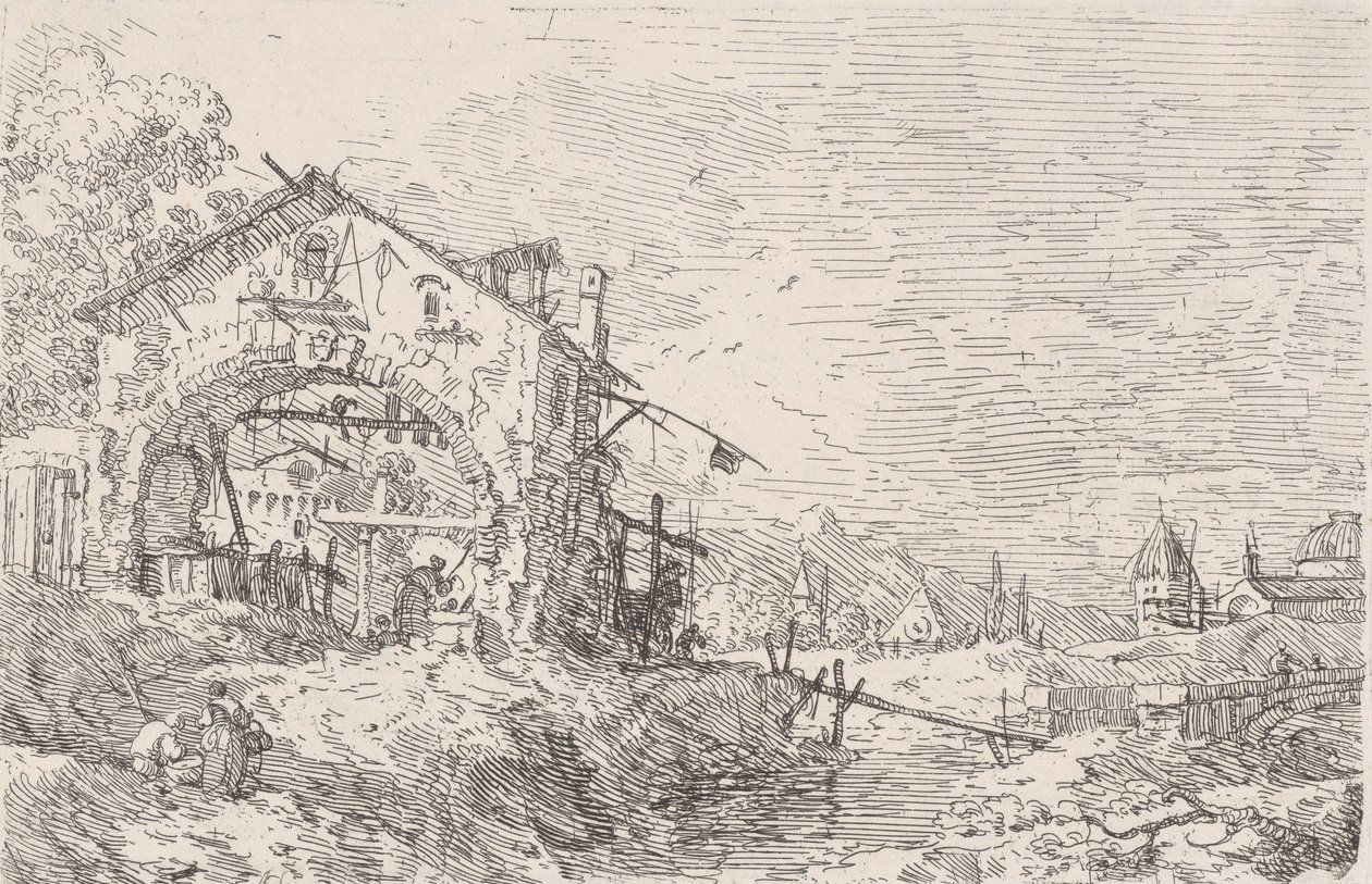 Vrouw die water uit een put haalt onder een arcade links, met een landschap rechts door Canaletto