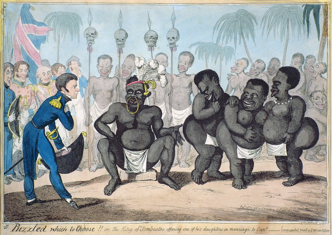 Verward welke te kiezen!! Of de koning van Tombuctoe biedt een van zijn dochters aan in het huwelijk aan Capt.___. Verwachte resultaat van een Afrikaanse missie, gepubliceerd in 1821 door G. Humphrey, 1818 door Capt. E. Judel