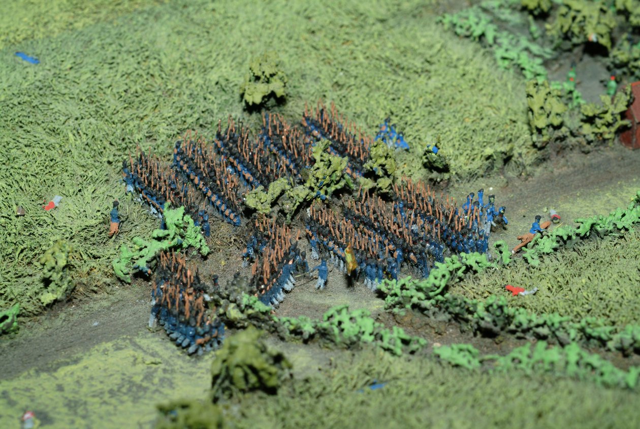 Diorama van de Slag bij Waterloo met troepen gepositioneerd zoals om 19.45 uur op 18 juni 1815 (detail) door Capt. William Siborne