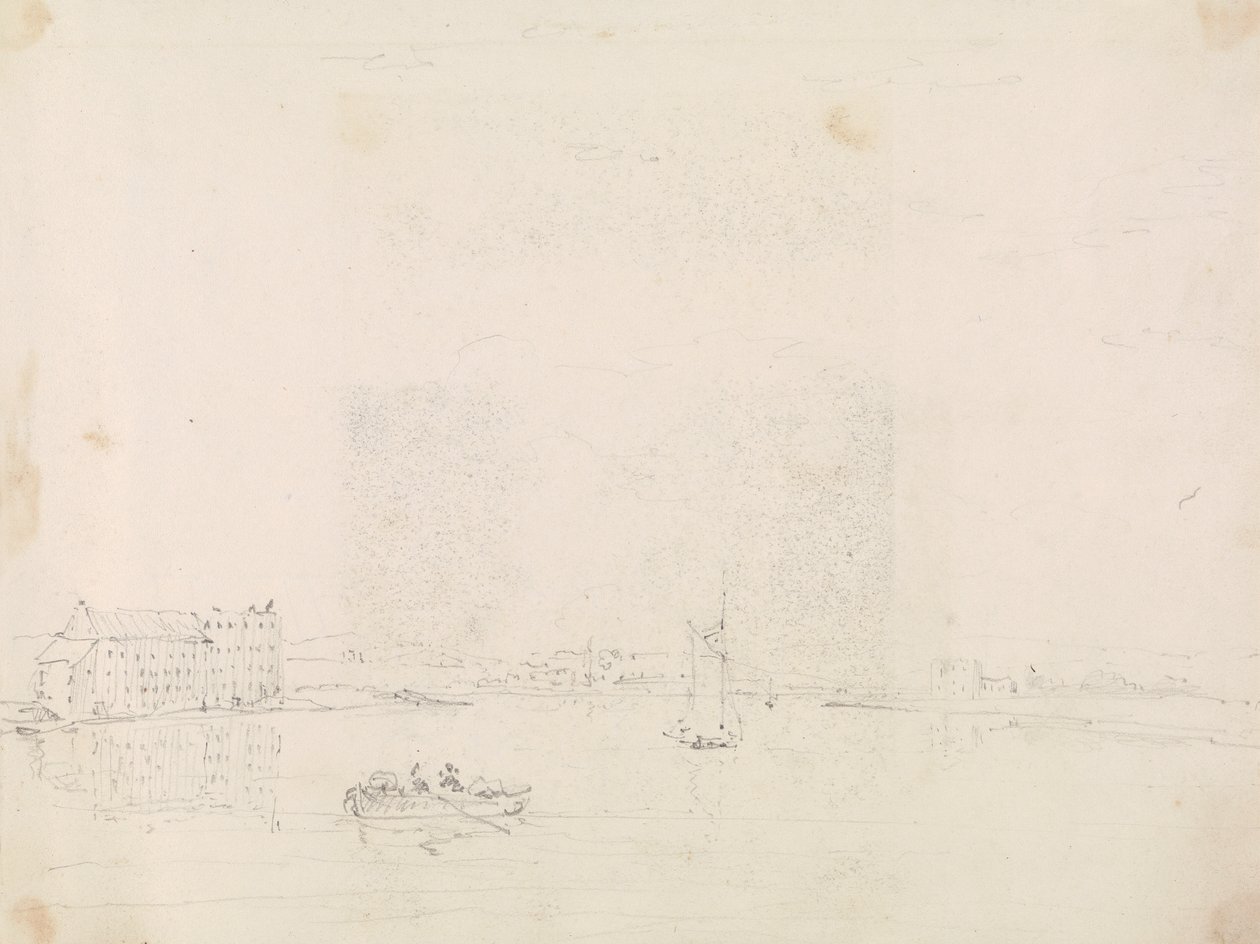 Schets van boten en een groot gebouw, vanaf de Medina-rivier door Capt. Thomas Hastings