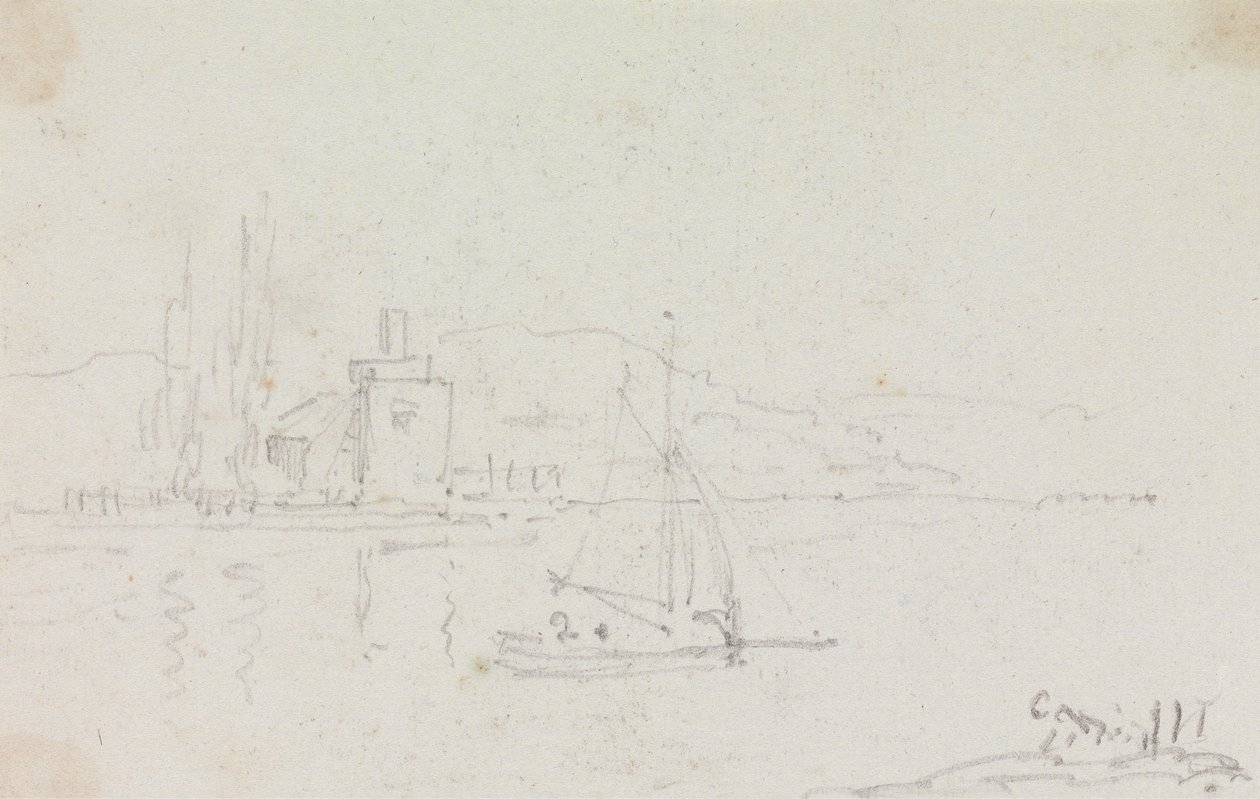 Schets van een zeilboot en een gebouw aan de kust door Capt. Thomas Hastings