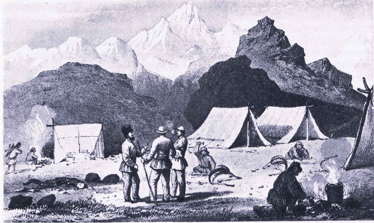 Kamp in de Himalaya, uit British Adventure gepubliceerd door Collins door Captain E. P. Campbell