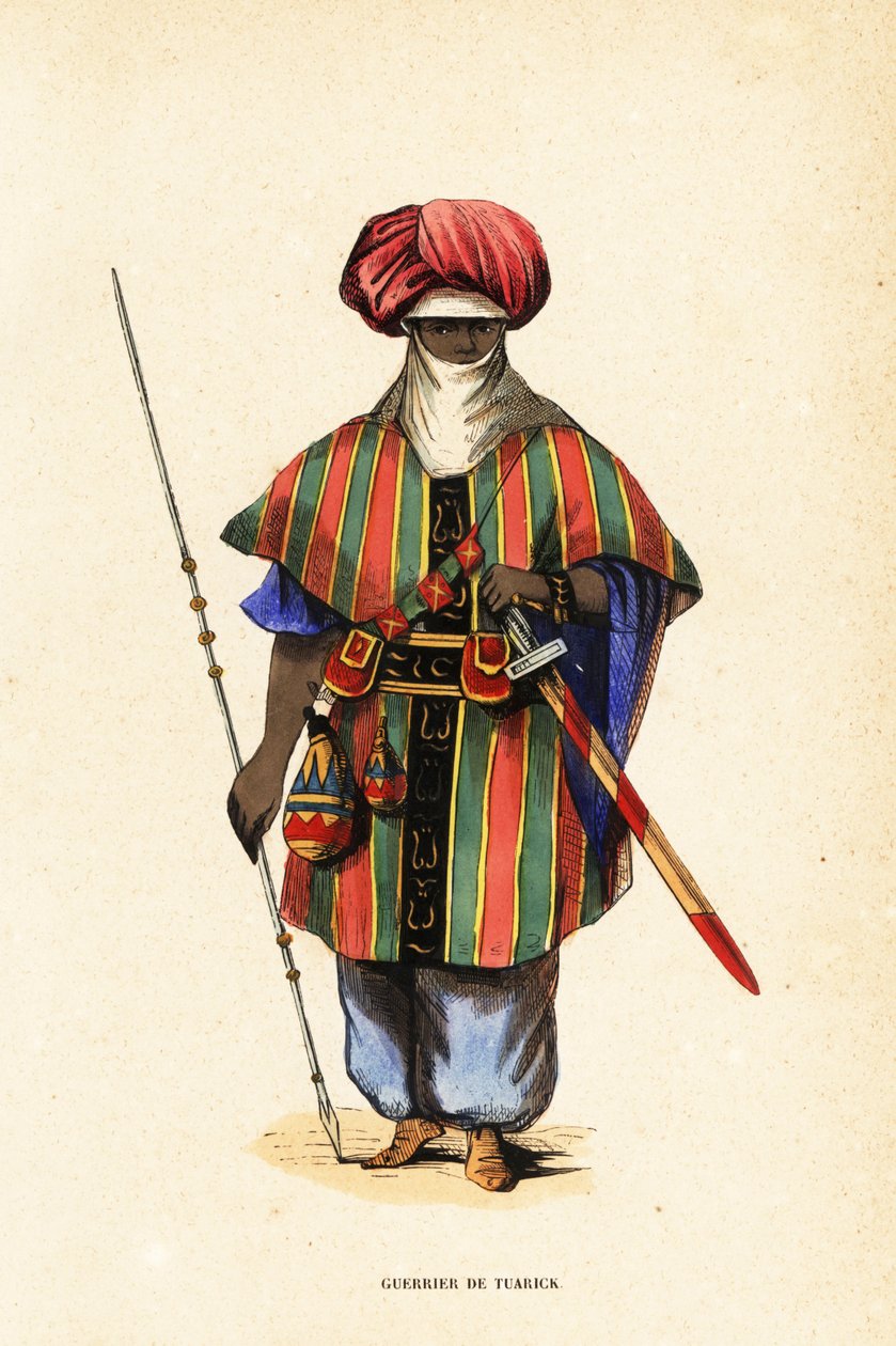 Adellijke Toeareg krijger van Agadez, Niger, in tagelmust (tulband en sluier), taktkat (hemd) en akarbey (broek) door Captain George Francis (after) Lyon