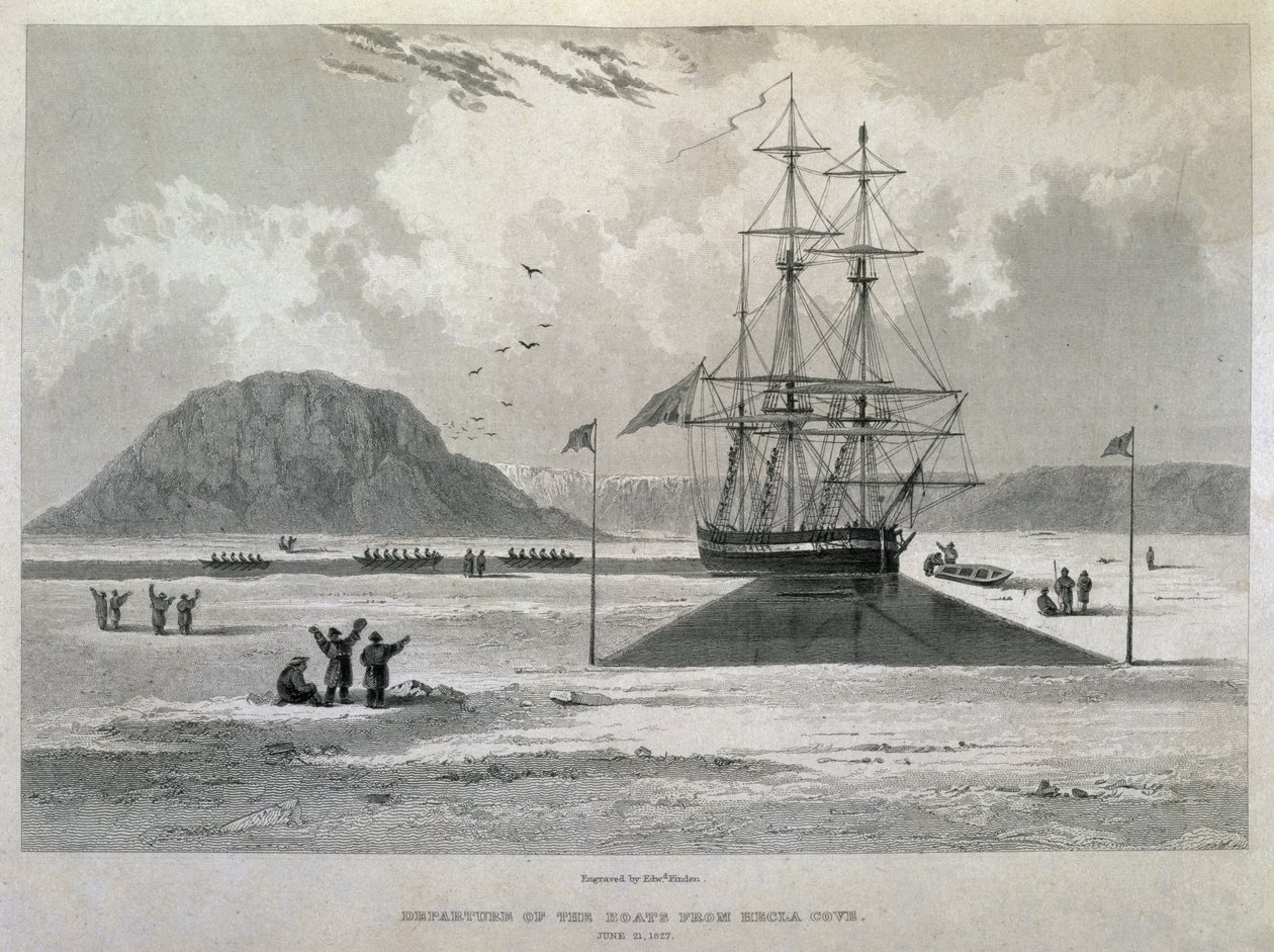 Vertrek van de boten uit Hecla Cove, 21 juni 1827, uit Journal of a Third Voyage for the Discovery of a North West Passage door Captain George Francis Lyon