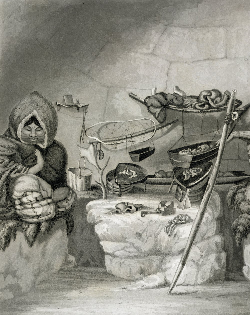 Interieur van een Eskimo sneeuwhut, Winter Island 1822, gegraveerd door Edward Francis Finden (1791-1857) uitgegeven door John Murray, 1824 door Captain George Francis Lyon