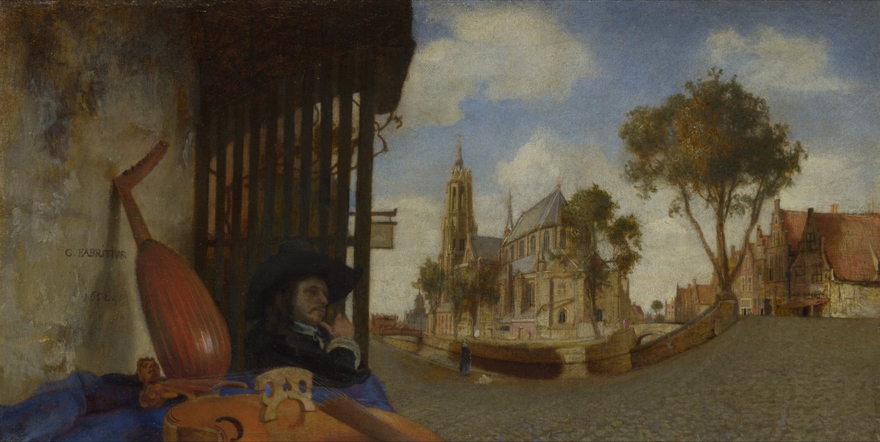 Een uitzicht op Delft, met een kraam van een muziekinstrumentenverkoper door Carel Fabritius