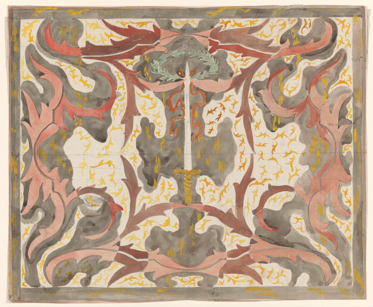 Decoratief ontwerp met opstaande degen door Carel Adolph Lion Cachet