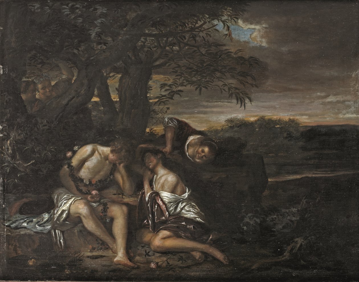 Een slapend paar, ontdekt door drie vrouwen in een Arcadisch landschap door Carel De Moor II (attr. to)