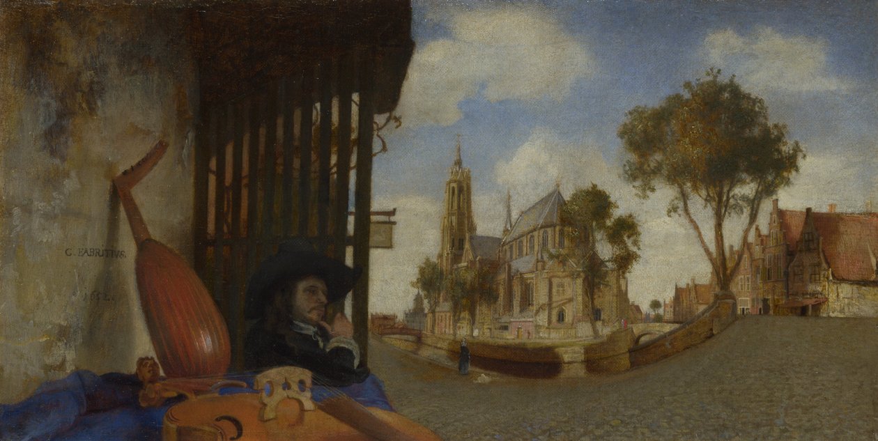 Een uitzicht op Delft, met een kraam van muziekinstrumentenverkopers, 1652 door Carel Fabritius
