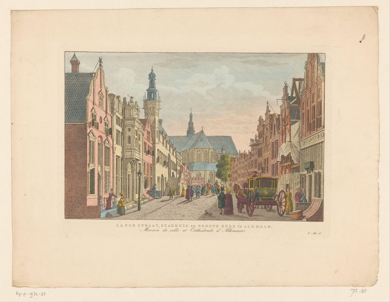Gezicht op de Langestraat, het Stadhuis en de Grote Kerk te Alkmaar door Carel Frederik Bendorp (I)