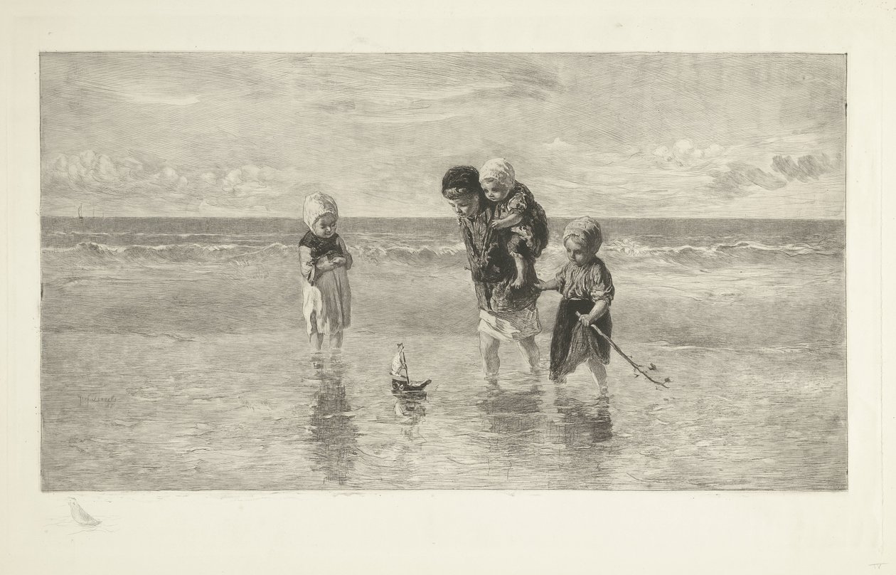 Vier kinderen spelen met speelgoedbootje op het strand in ondiep zeewater door Carel Lodewijk Dake